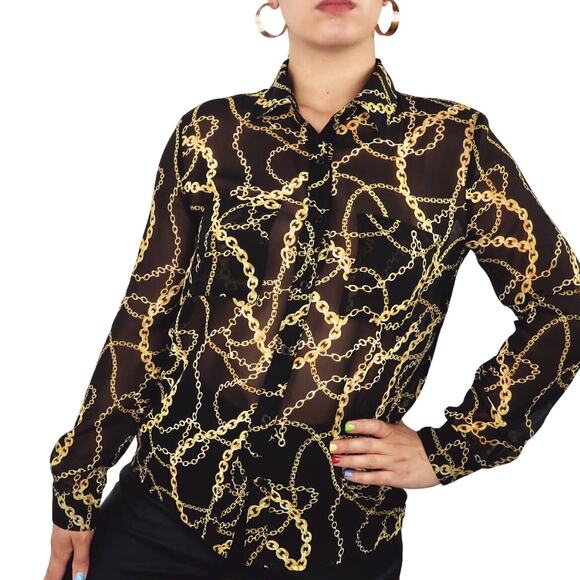 Y2k Forever 21 Black Gold Chain Mesh Button Down Blouse Small - Picture 1 of 5
